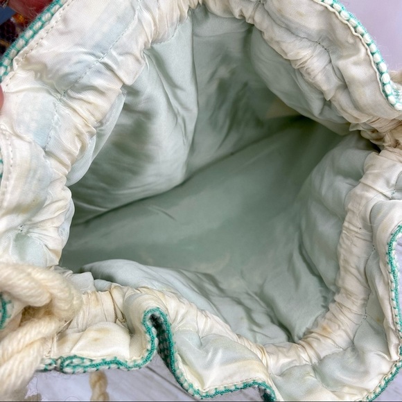 VINTAGE Mint Green Ivory Cream Woven Textile Purse Pull String Wristlet Sack Bag - Picture 4 of 5